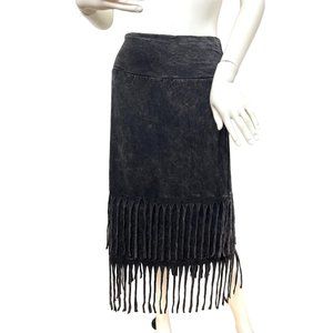 Towne Women’s Black Fringed Skirt M (10/12) Pull On Stretchy Distressed Midi